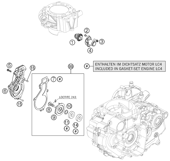 Water pump parts diagram for the 2013 KTM 690 Enduro R